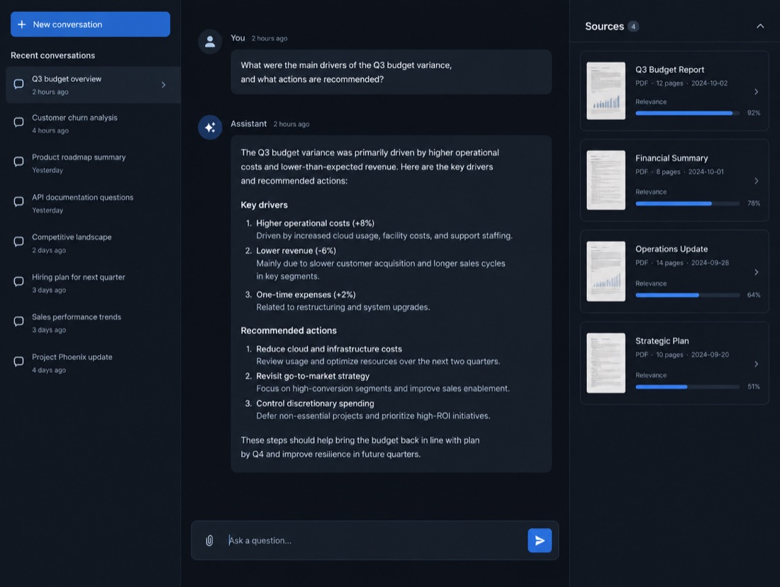AI assistant interface with source documents